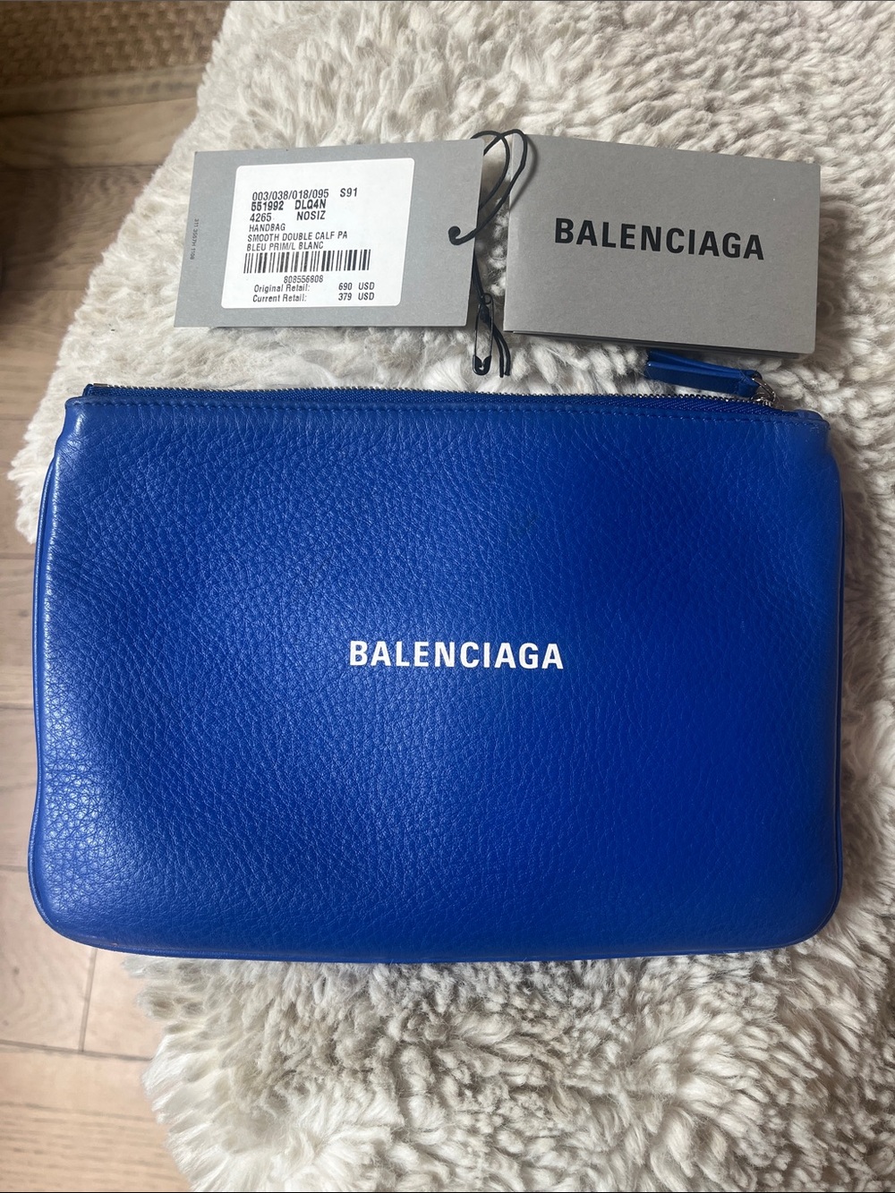 Balenciaga Cobalt Blue Pebbled Leather Logo Pouch